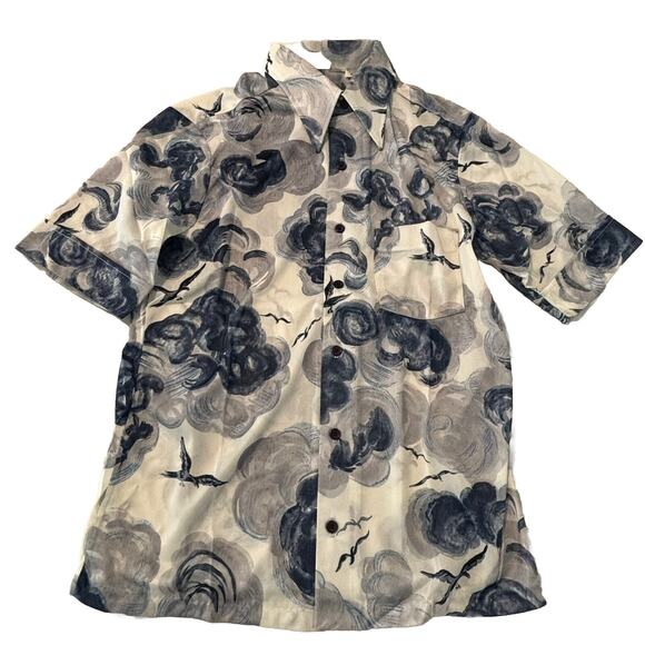 Vtg 70s Antron Nylon Short Sleeve Men's Shirt Blue White Cloud Bird Print Size M - Picture 5 of 8